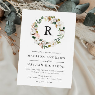 Convite Casamento com Magnólia Elegante e Floral Monograma