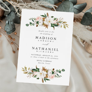 Convite Casamento com Magnólias Brancas Elegantes e Flora