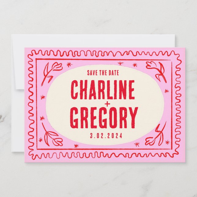 Convite Casamento com manuscrito vermelho-rosa retrorrefle (Frente)