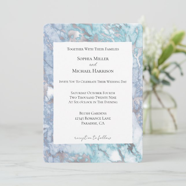 Convite Casamento com Marble de Prata Azul de Aqua (Em pé/Frente)