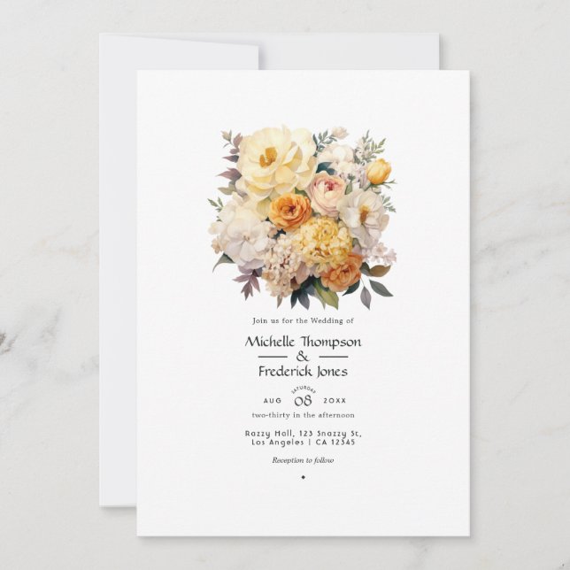 Convite Casamento com marfim, champanhe e floral branco (Frente)