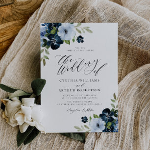 Convite casamento com marinho e guião floral azul claro