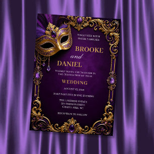 Convite Casamento com Máscara Real Roxo e Dourado