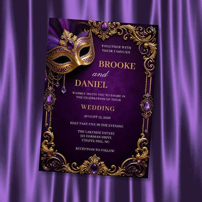 Convite Casamento com Máscara Real Roxo e Dourado (Criador carregado)