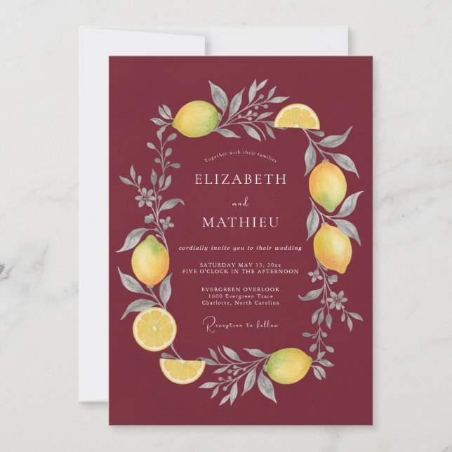Convite Casamento com Merlot Limão Cítrico Eucalipto (Frente)