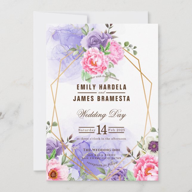 Convite Casamento com Moldura de Aquarela Floral Elegante (Frente)