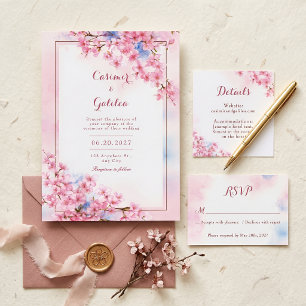 Convite Casamento com Moldura de Bronze Aquarela Azul Saku