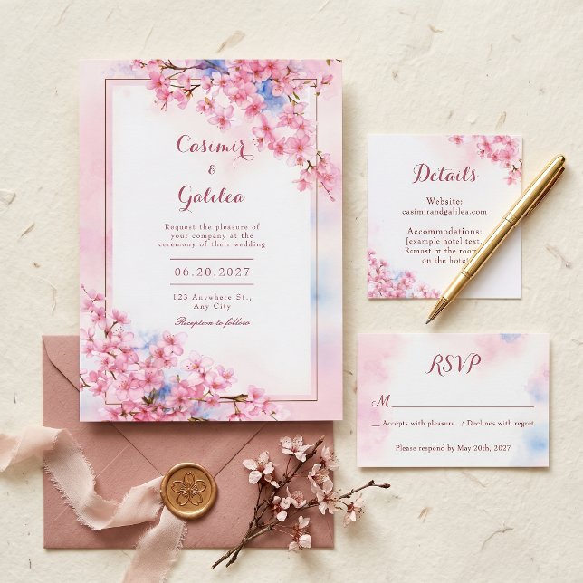 Convite Casamento com Moldura de Bronze Aquarela Azul Saku (Criador carregado)