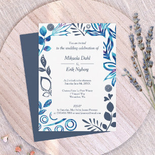 Convite Casamento com Moldura de Padrão Floral Azul e Cinz