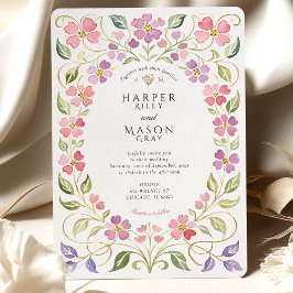Convite Casamento com Moldura de Pétalas Florais Rosa e Ro