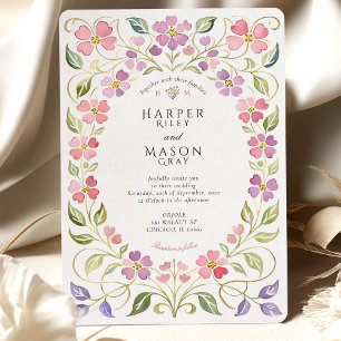 Convite Casamento com Moldura de Pétalas Florais Rosa e Ro