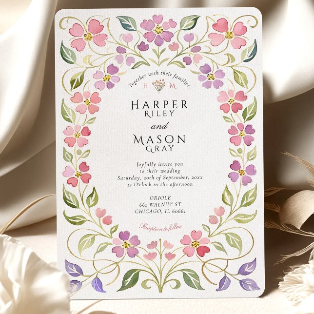 Convite Casamento com Moldura de Pétalas Florais Rosa e Ro (Criador carregado)
