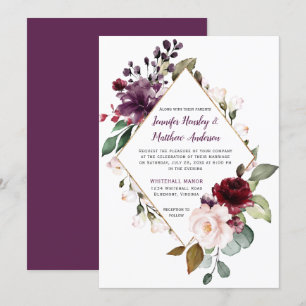 Convite Casamento com Moldura de Roxo e Floral Vermelho