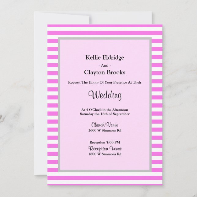 Convite Casamento com Moldura de Stripes Rosa/Branca (Frente)
