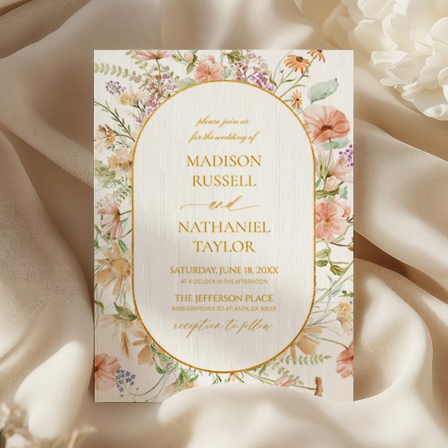 Convite Casamento com Moldura Dourada de Prado Floral de F (Criador carregado)