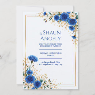 Convite Casamento com Moldura Dourada e Centáurea Azul Rea