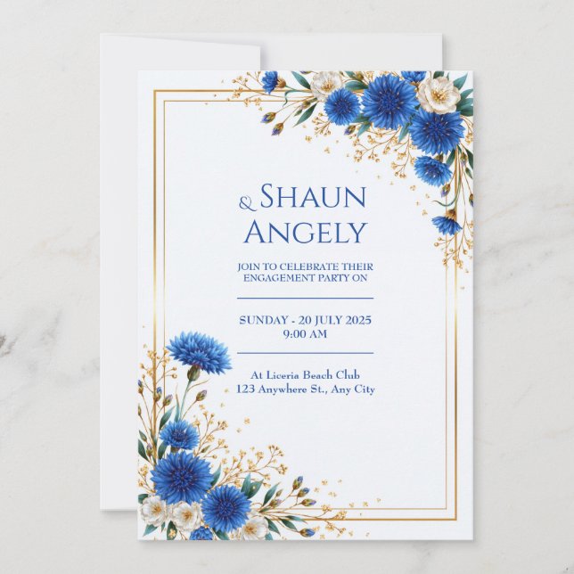 Convite Casamento com Moldura Dourada e Centáurea Azul Rea (Frente)