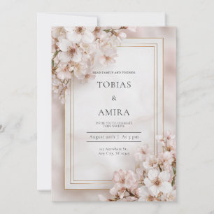 Convite Casamento com Moldura Dourada e Flor de Cerejeira