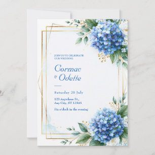 Convite Casamento com Moldura Dourada e Hortênsia Azul