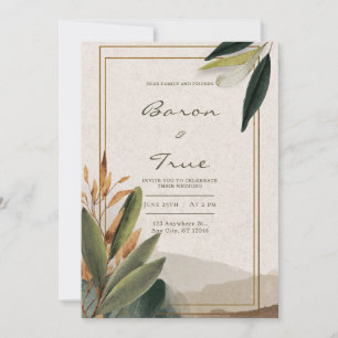Convite Casamento com Moldura Dourada e Vegetação Outonal