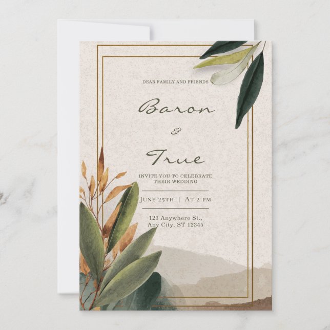 Convite Casamento com Moldura Dourada e Vegetação Outonal  (Frente)