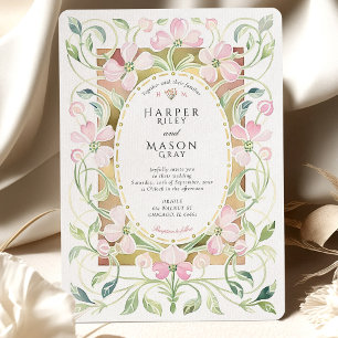 Convite Casamento com Moldura Dourada Floral Rosa Art Nouv