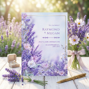 Convite Casamento com Moldura Dourada Lavanda Romântica Fl