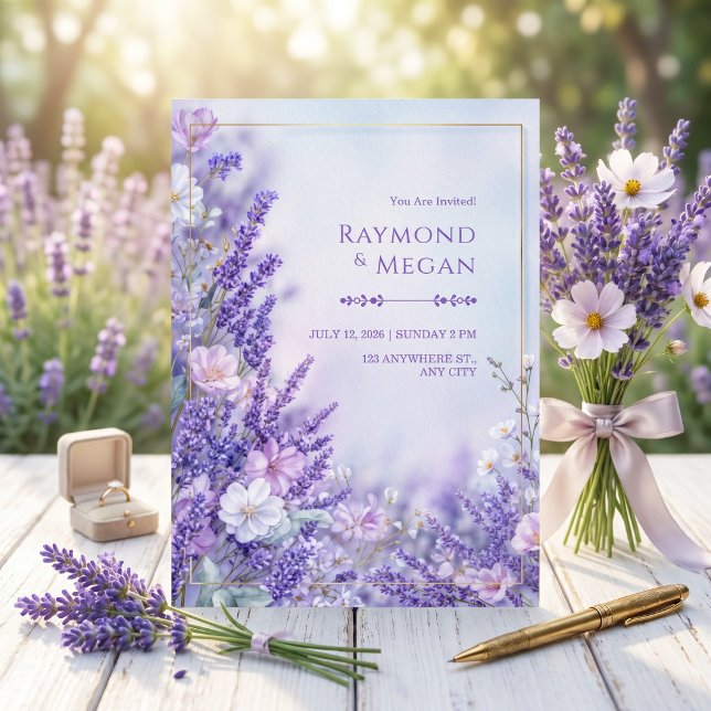 Convite Casamento com Moldura Dourada Lavanda Romântica Fl (Criador carregado)