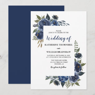 Convite Casamento com Moldura Floral Azul Elegante