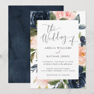 Convite Casamento com Moldura Floral Azul Marinho