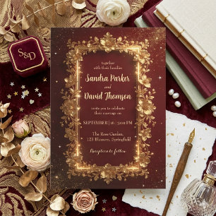 Convite Casamento com Moldura Floral Burgundy & Ouro Elega