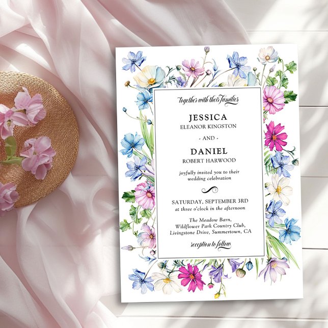 Convite Casamento com Moldura Floral do Jardim de Flores (Wildflower Garden Wedding Invitation by Darling & May)