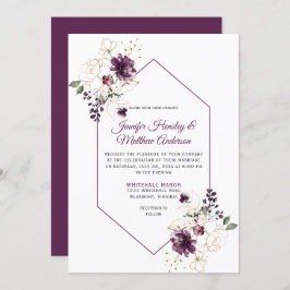 Convite Casamento com Moldura Floral Dourada e Roxo Elegan