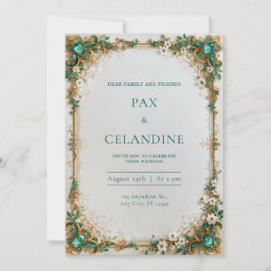 Convite Casamento com Moldura Floral Dourada Joia Esmerald
