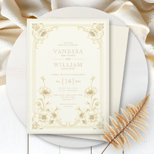 Convite Casamento com moldura floral em marfim e sépia vin