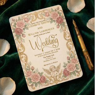 Convite Casamento com Moldura Floral Rococó e Querubim Vit