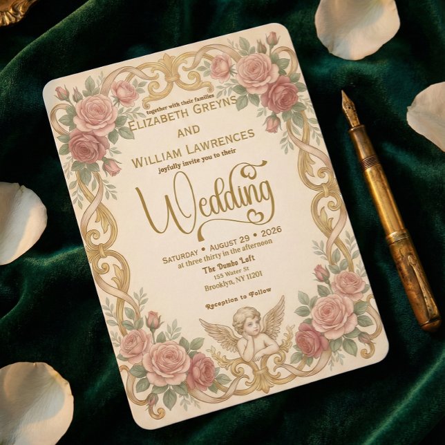 Convite Casamento com Moldura Floral Rococó e Querubim Vit (Criador carregado)