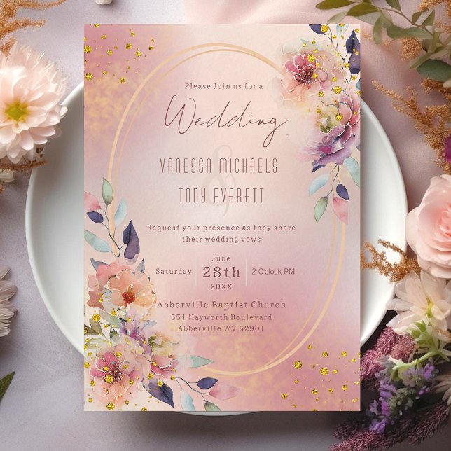 Convite Casamento com Moldura Geométrica Oval Floral Rosa  (Elegant Pink Floral Oval Geometric Frame Wedding Invitation)