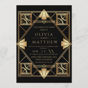 Convite Casamento com Moldura Preto Dourado Art Deco