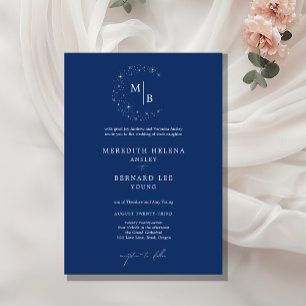 Convite Casamento com Monograma Azul Celestial Elegante Fo