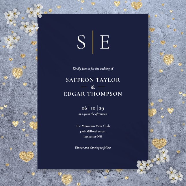 Convite Casamento com Monograma Azul Marinho e Dourado (Navy Blue And Gold Monogram Wedding Invitation)