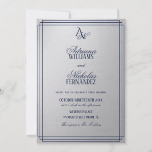 Convite Casamento com Monograma Azul Prata de Luxo