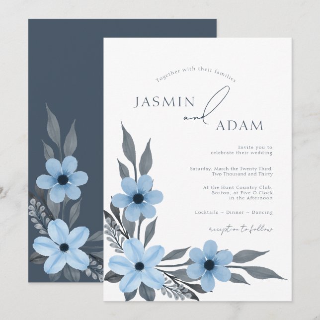 Convite Casamento com Monograma Botânico Azul Elegante (Frente/Verso)