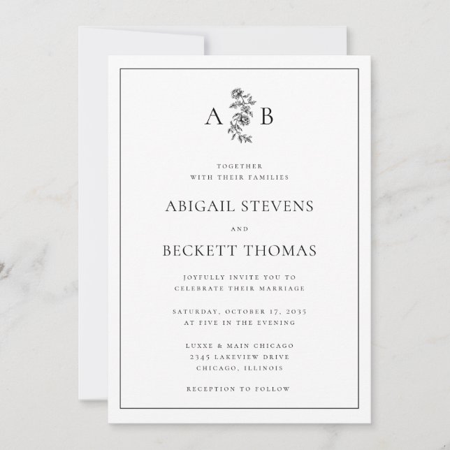 Convite Casamento com Monograma Botânico Elegante (Frente)
