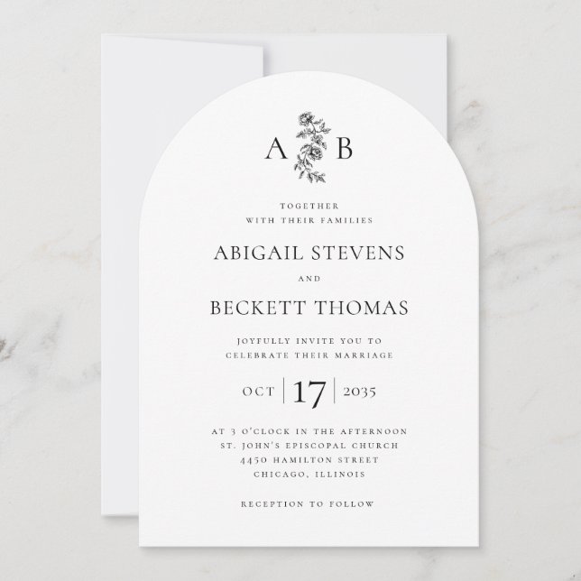 Convite Casamento com Monograma Botânico Elegante (Frente)