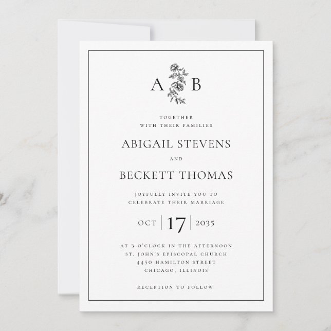 Convite Casamento com Monograma Botânico Elegante (Frente)