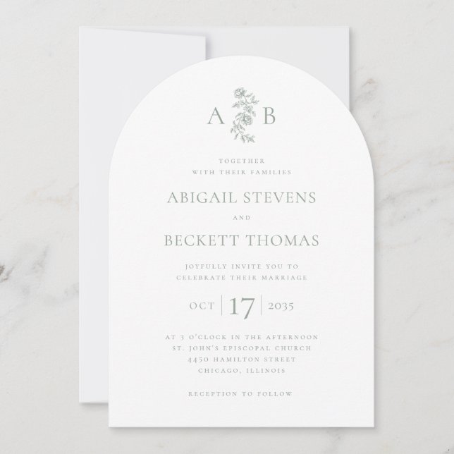 Convite Casamento com Monograma Botânico Elegante (Frente)