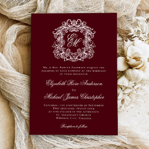 Convite Casamento com Monograma Crest Vintage Burgundy Ele