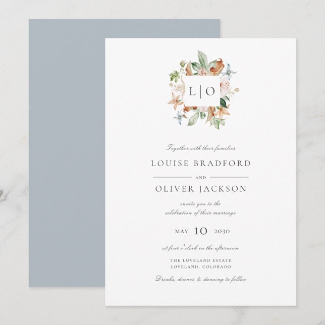 Convite Casamento com Monograma de Aquarela Azul Simples (Frente/Verso)