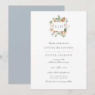 Convite Casamento com Monograma de Aquarela Azul Simples
